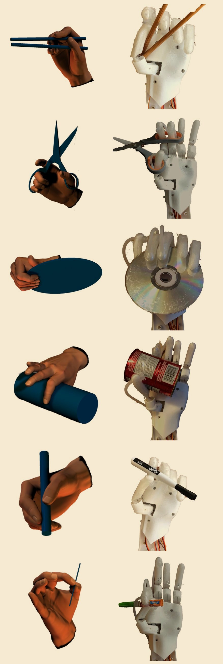 Human hand and OctoGrasp performing the same grasps, side by side
