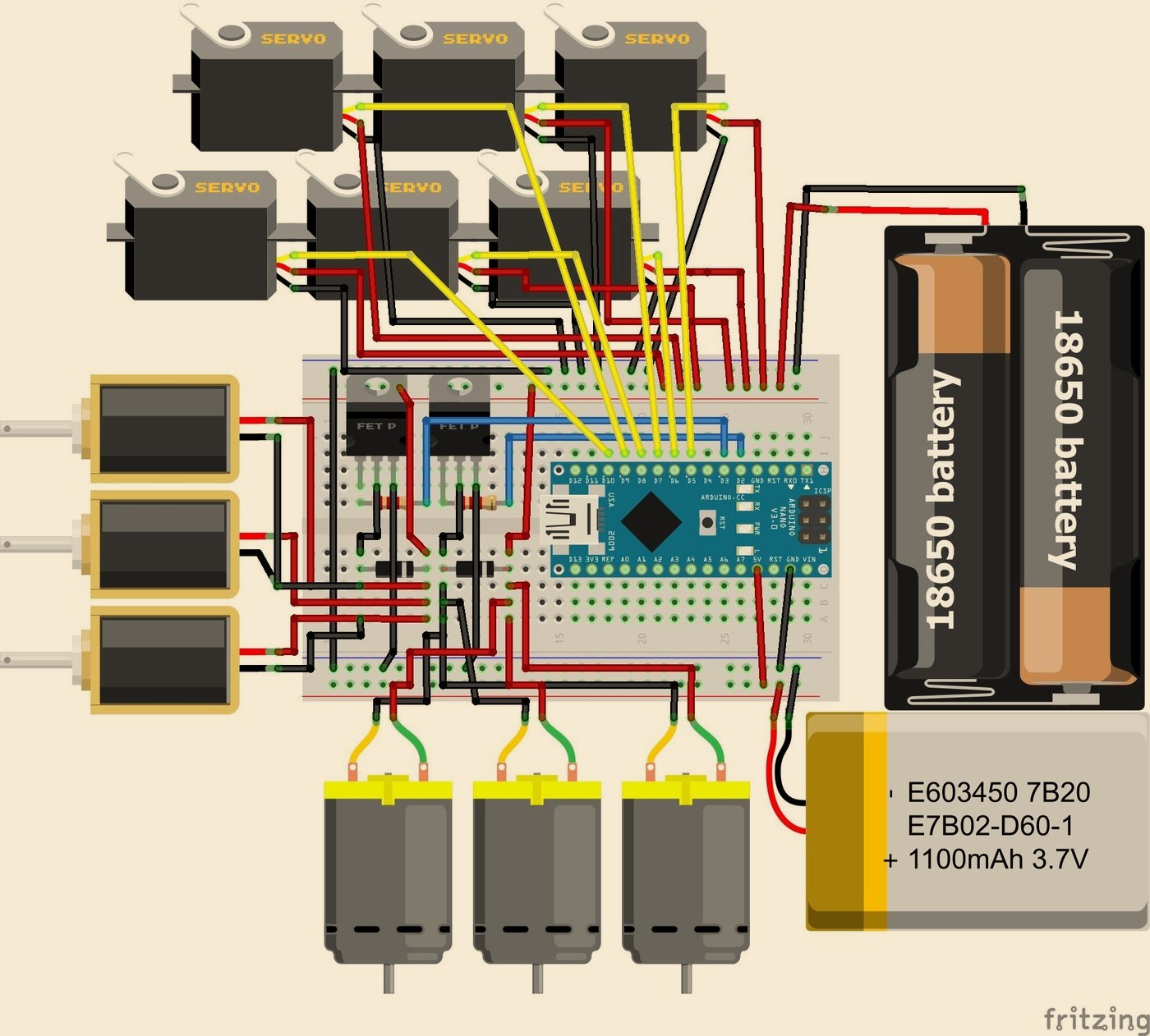 Full wiring diagram: Arduino Nano, servos, pumps, solenoids, and batteries