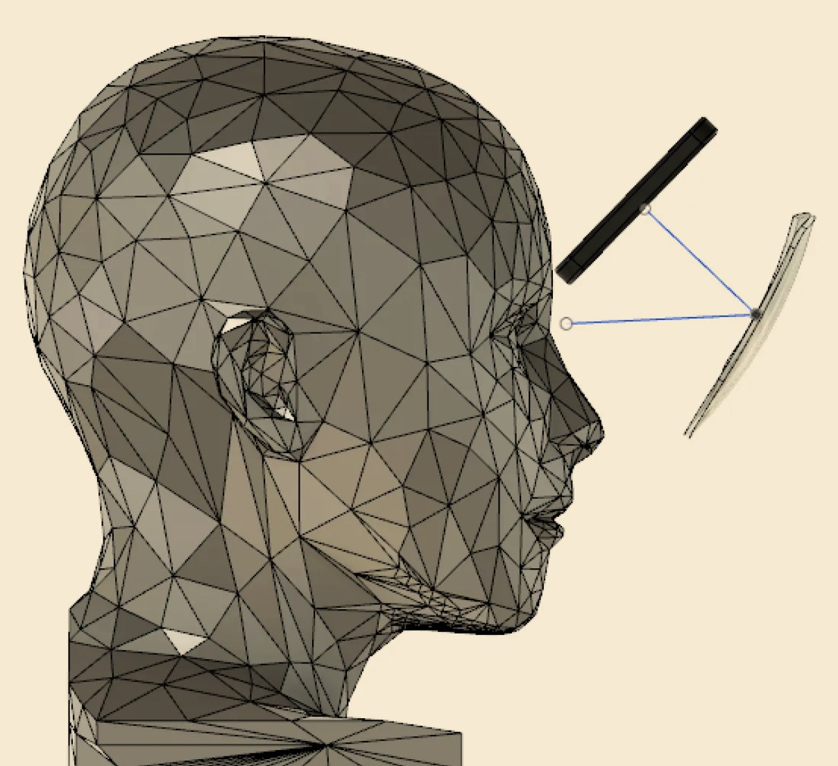 Head mesh in CAD with the optical linkage positioned at the eye